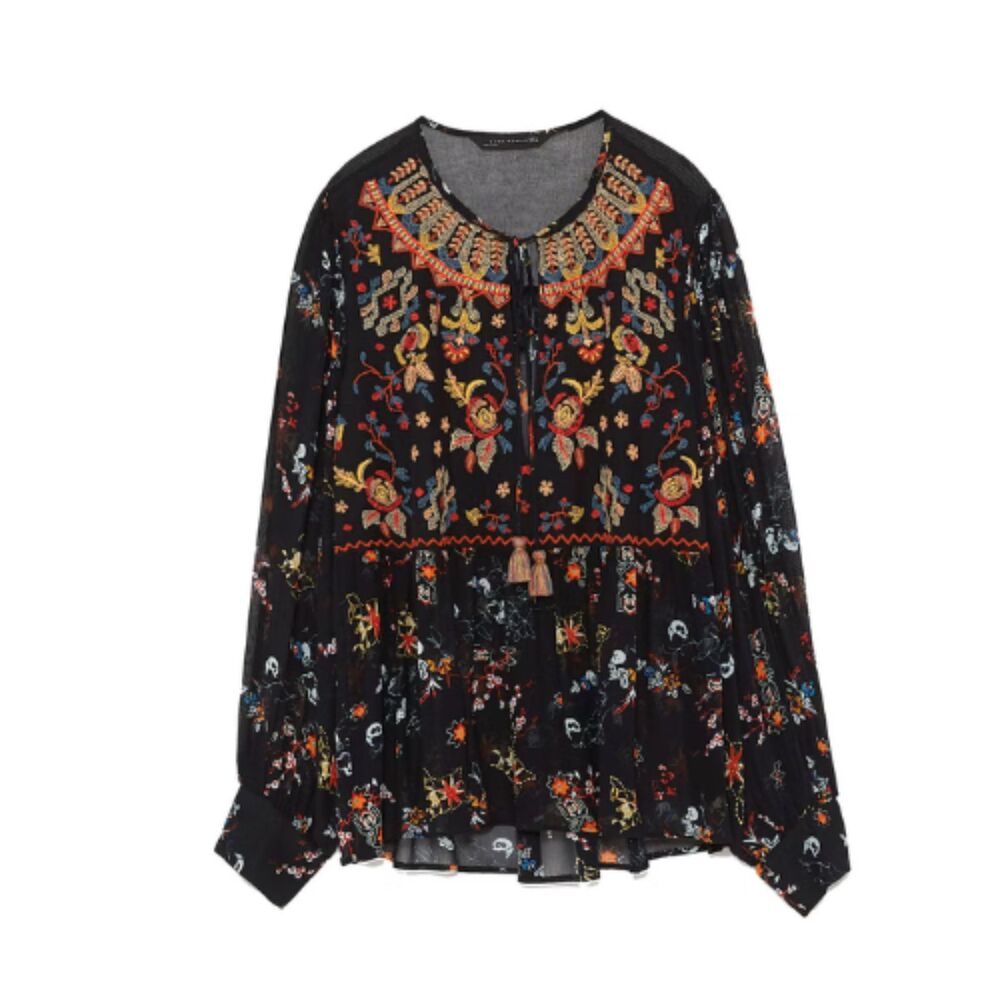 Zara Woman Black Embroidered Mesh Peasant Top Floral Tassel Boho S